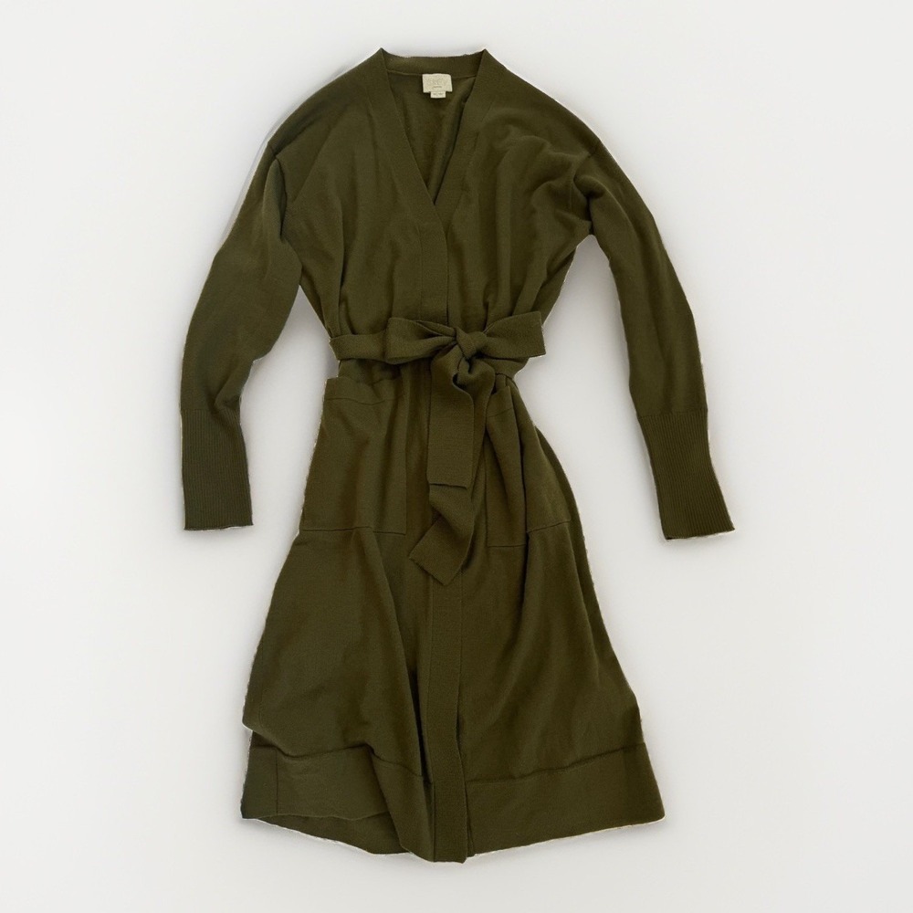 Grey Jason Wu Women Green 100% Wool Knit Belted Button Sweater Dress Soft M
